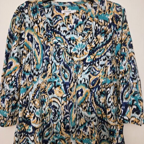 Chico's blue paisley abstract 3/4 sleeve top‎ Size 3/XL NWOT - Picture 1 of 5